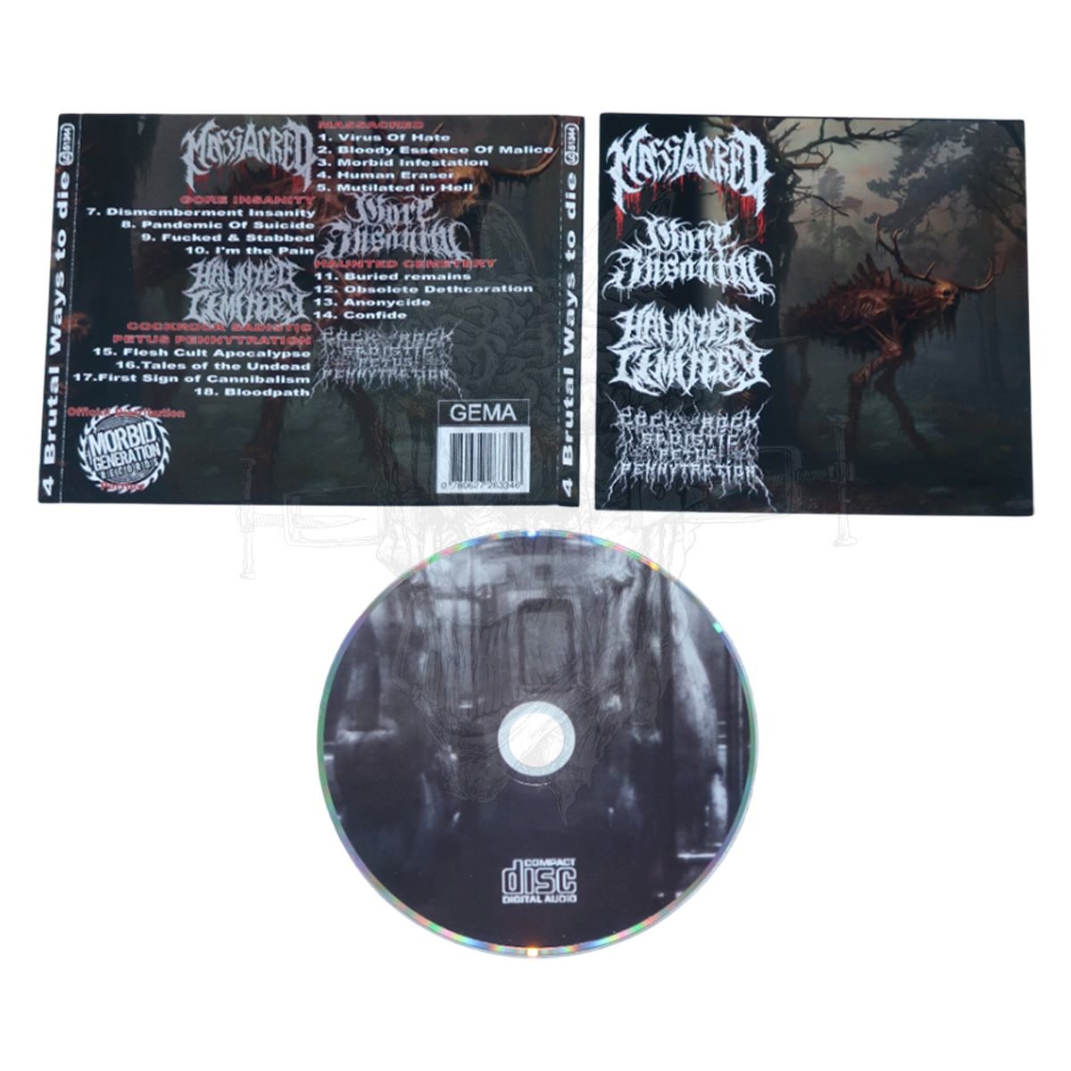 CD - MASSACRED / GORE INSANITY / HAUNTED CEMETERY / COCKROCK SADISTIC PETUS PENNYTRATION - 4 BRUTAL WAYS TO DIE